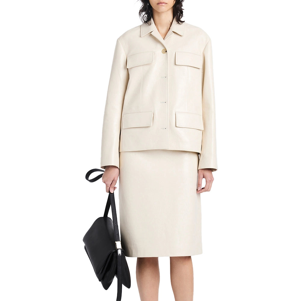 Shirt Collar Off White Leather Jacket Female