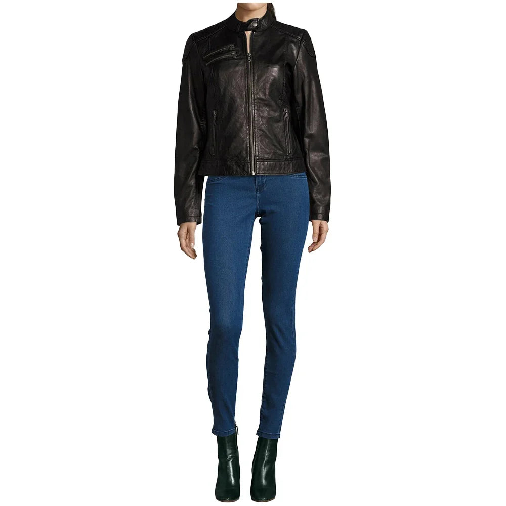 Four front pockets on women’s nubuck biker jacket