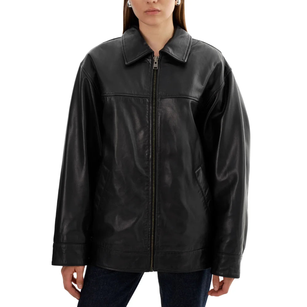 Women's Oversized Black Leather Bomber Jacket - Shirt Collar Style