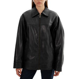 Women's Oversized Black Leather Bomber Jacket - Shirt Collar Style