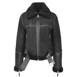 Women’s belted shearling flight jacket in black