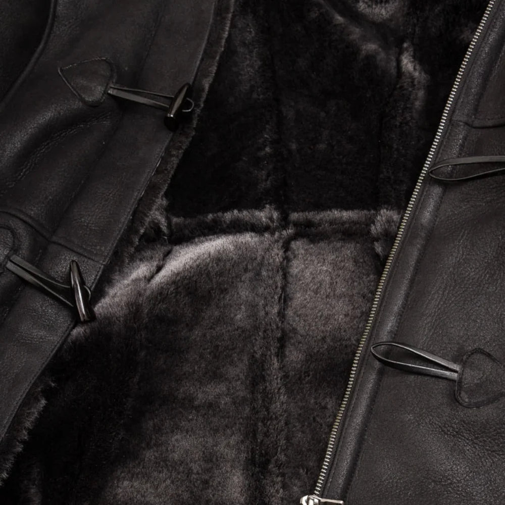 Women's Black Sheepskin Duffle Coat With Detachable Hood