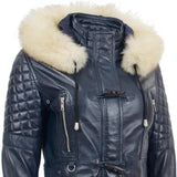 Women’s Blue Sheepskin Leather Duffle Coat with Removable Sherpa Hood
