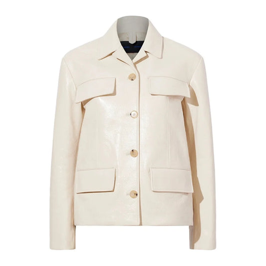 Shirt Collar Off White Leather Jacket Female
