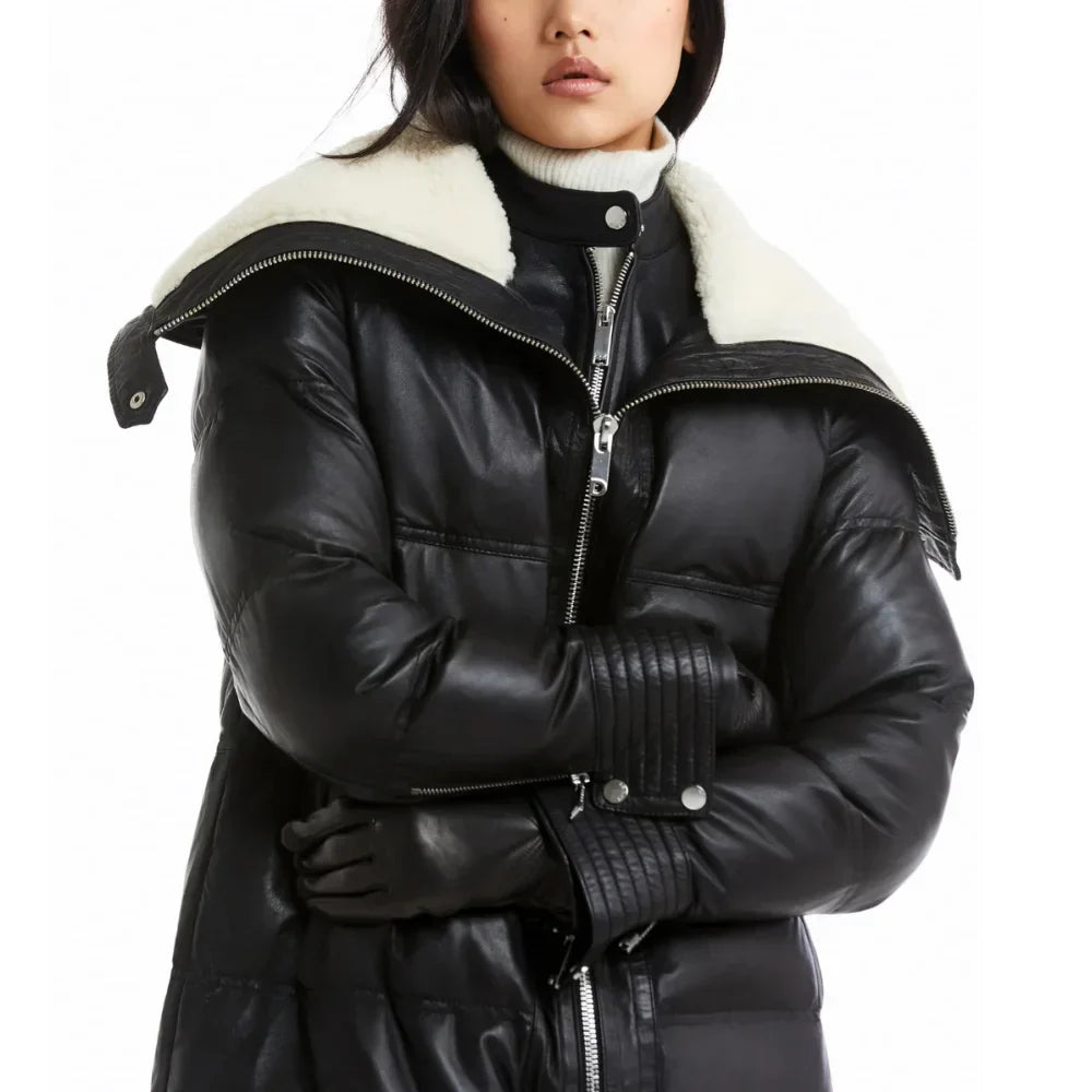 Two-way zipper on tall women’s long leather coat