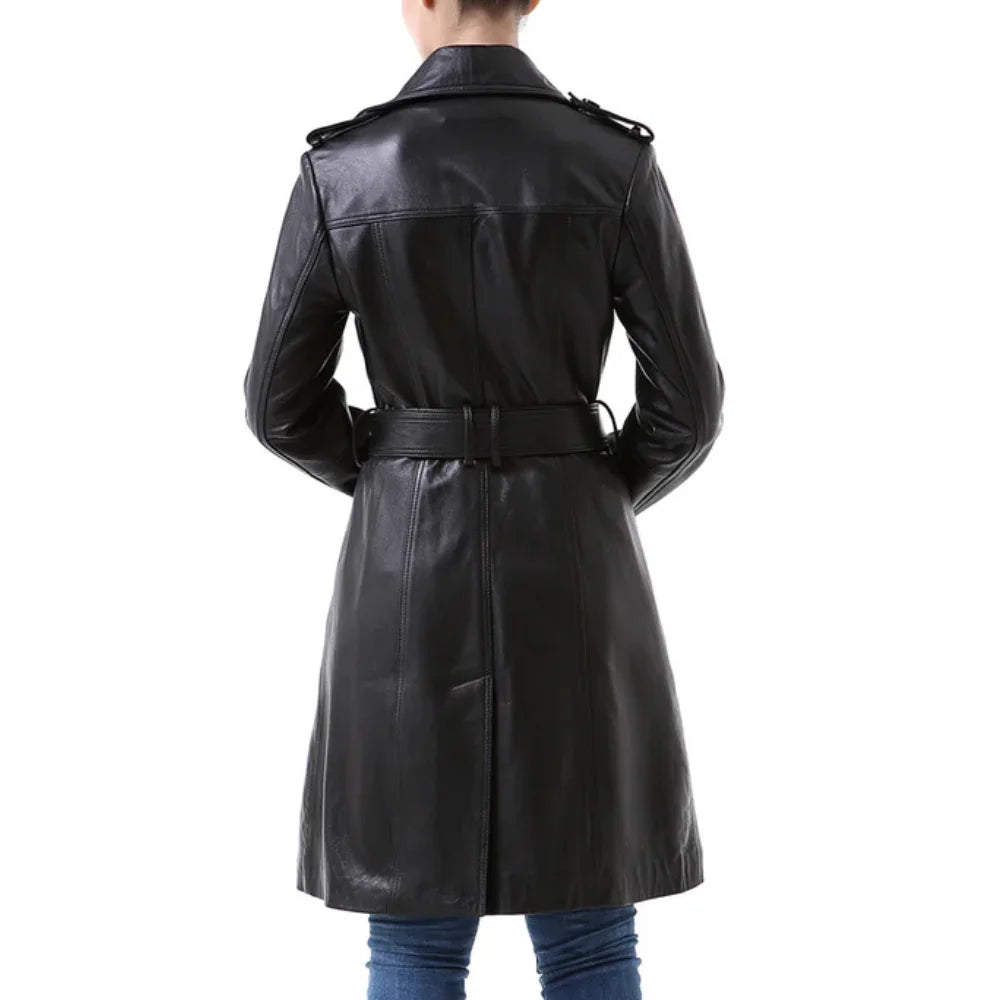 NewYork Women's Black Lambskin Double Breasted Belted Trench Coat