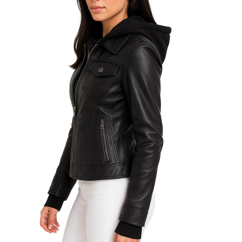Emmy Black Leather Bomber Jacket Women with Removable Hood