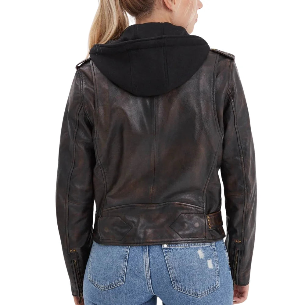 Women’s Black Cognac Hooded Leather Biker Jacket with Adjustable Belt