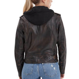 Women’s Black Cognac Hooded Leather Biker Jacket with Adjustable Belt