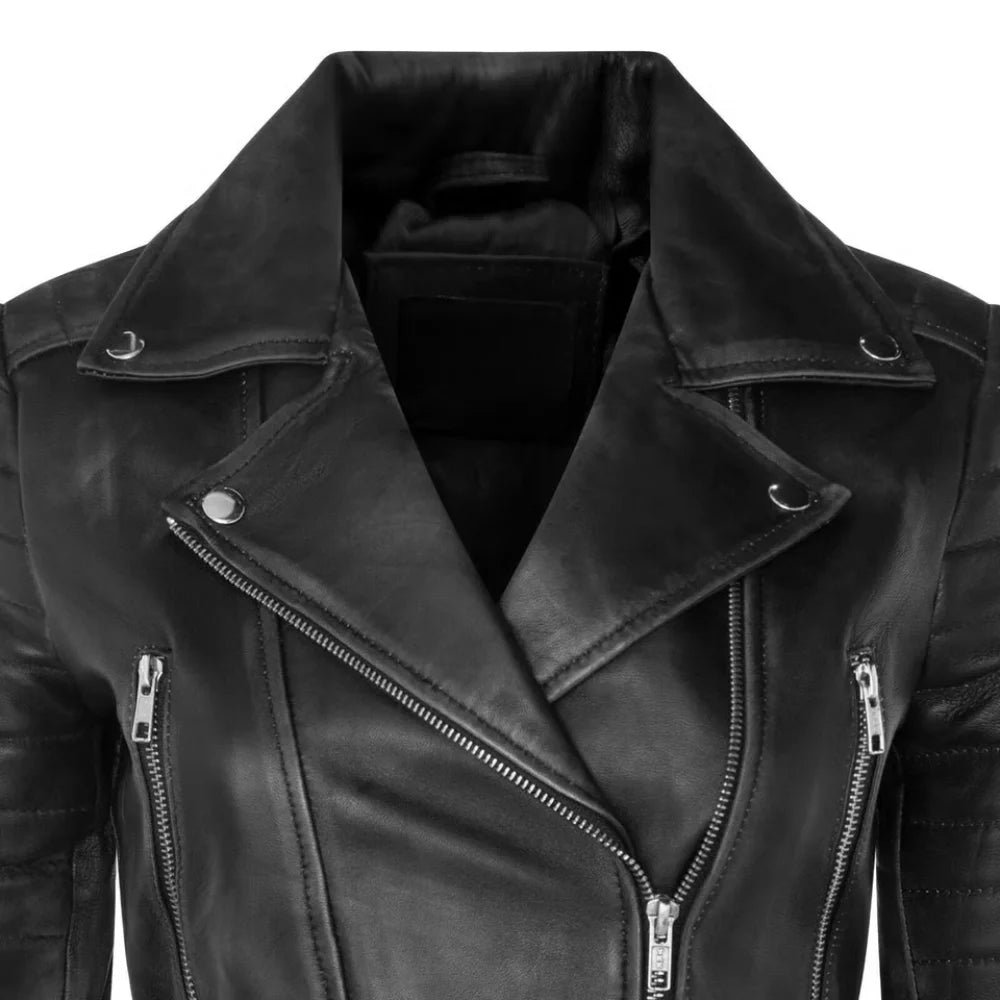 Women’s Black Cropped Leather Biker Jacket