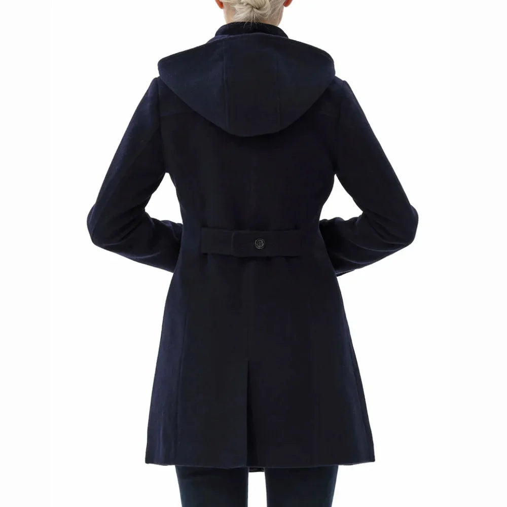 Women’s Wool Blend Navy Blue Hooded Duffle Coat