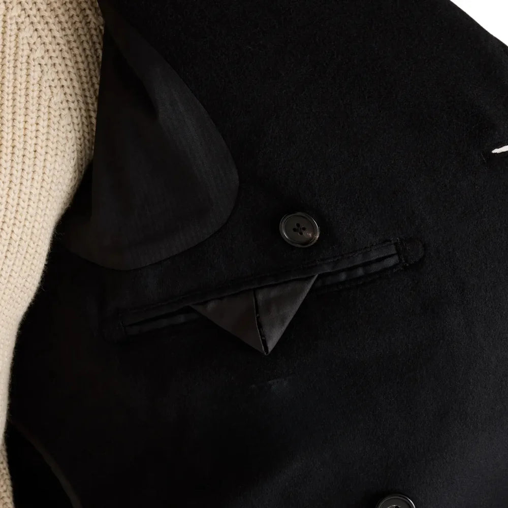 Mens Double Breasted Black Wool Overcoat - Close up