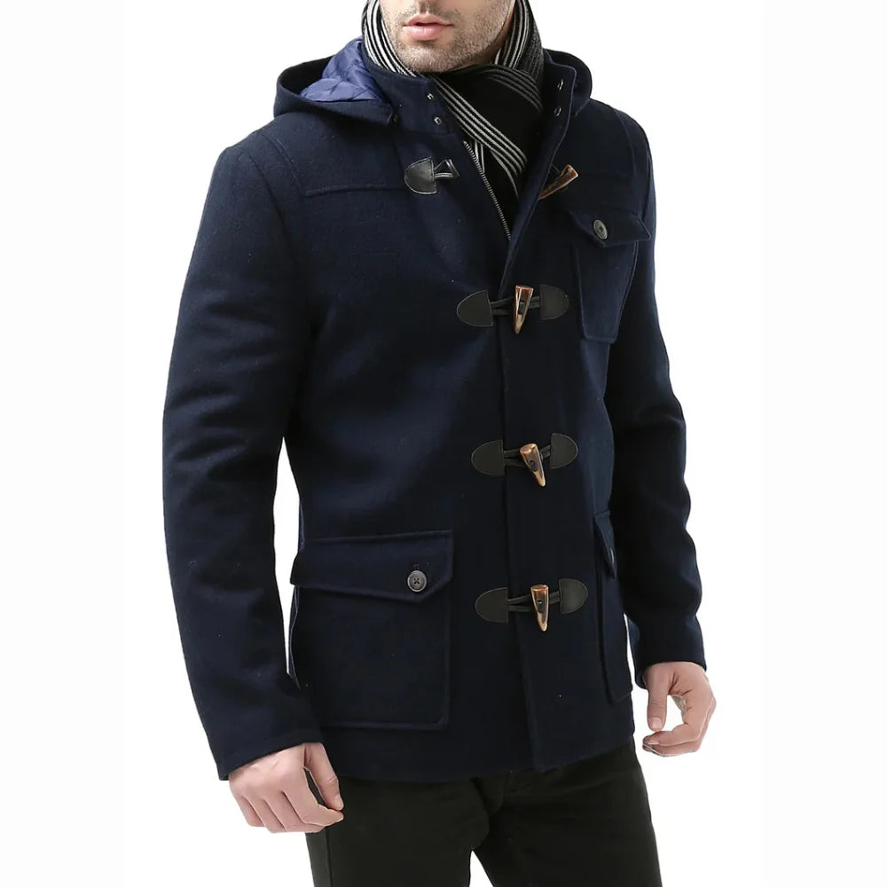 Men’s Navy Blue Wool Blue Hooded Duffle Coat