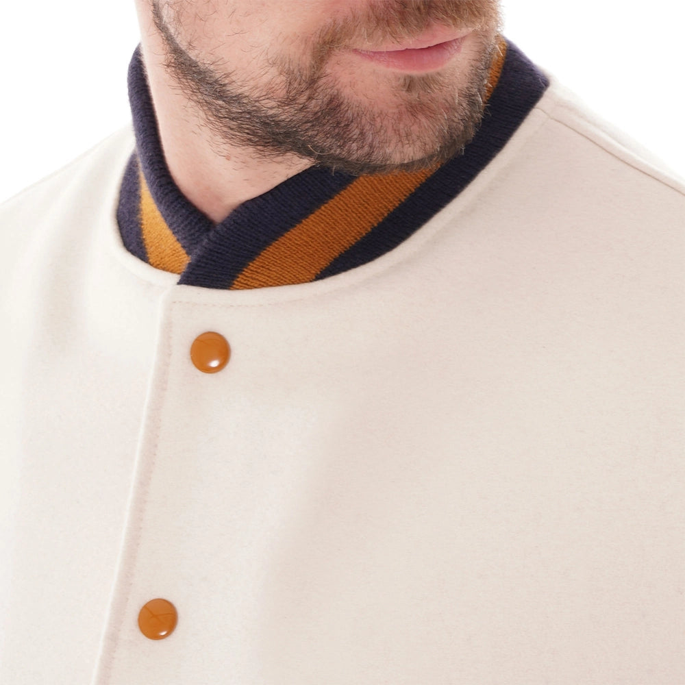 Wool Off White Varsity Jacket With Purple Leather Sleeves