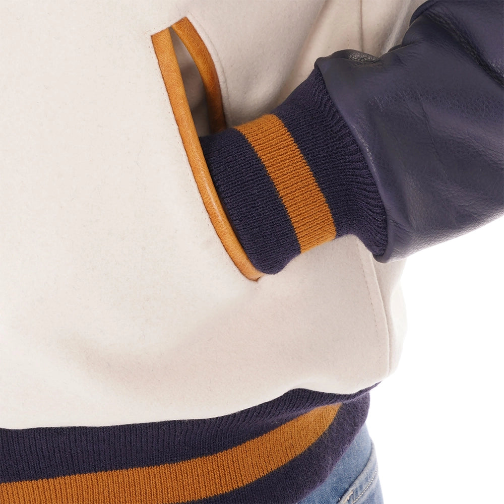 Wool Off White Varsity Jacket With Purple Leather Sleeves