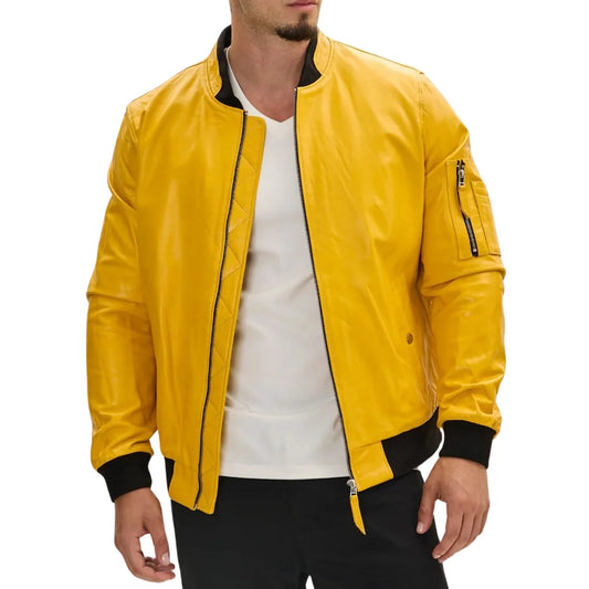 Mens Real Lambskin Yellow Leather Bomber Jacket