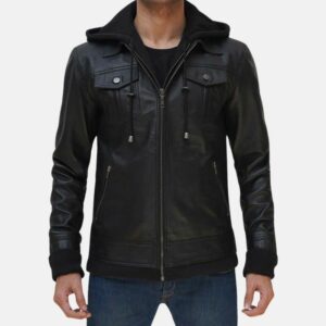 Black Leather Hooded Jacket Mens