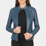 Womens Blue Leather Biker Jacket