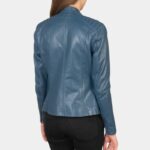 Blue Leather Cafe Racer Jacket For Womens