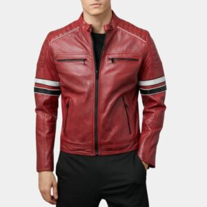 Quilted Red Leather Striped Jacket Mens