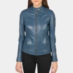 Womens Blue Leather Biker Jacket