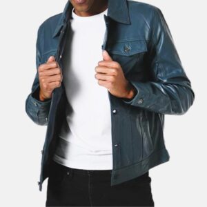 Blue Men's Leather Shirt Jacket