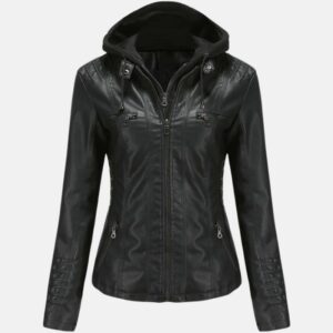 Black Hooded Leather Moto Jacket Womens