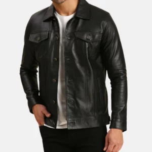 Mens Casual Tom Black Trucker Leather Jacket
