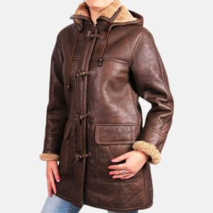 Women's Aviator Fur Shearling Brown Hooded Leather Duffle Coat