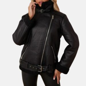 Womens Biker Aviator Black Shearling Leather Jacket