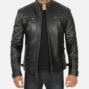 Mens Quilted Black Cafe Racer Leather Jacket