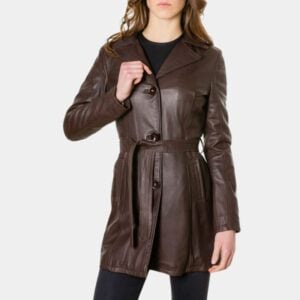 Vintage Belted Style Women’s Brown Leather Coat
