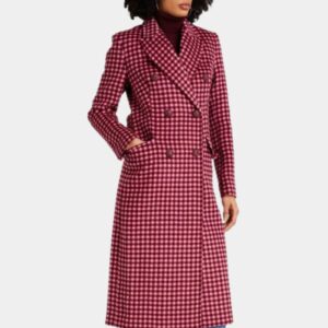 Womens Pink Plaid Wool Long Coat