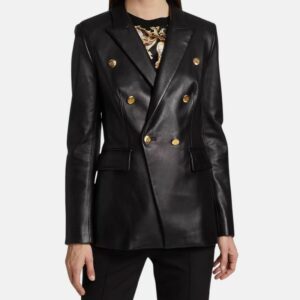 Womens Kim Double Breasted Black Leather Blazer