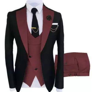 Black And Burgundy Men's Slim Fit 3 Piece Suit