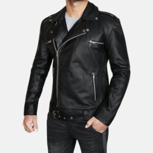 Men's Black Belted Asymmetrical Moto Leather Jacket