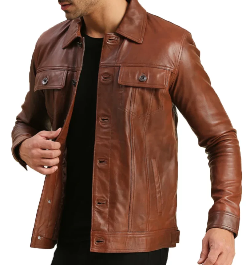 Men's Trucker Leather Brown Moto Jacket