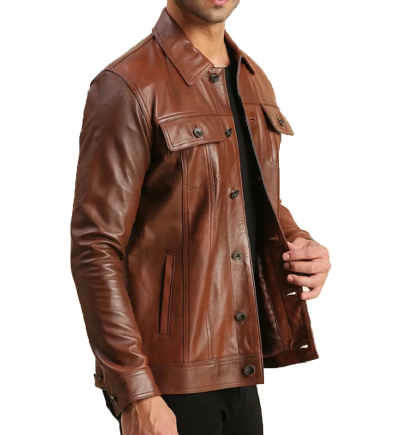Brown Leather Trucker Moto Jacket For Men's