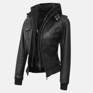Black Leather Bomber Jacket Women with Removable Hood