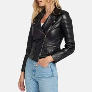 Black Quilted Leather Biker Jacket Women 