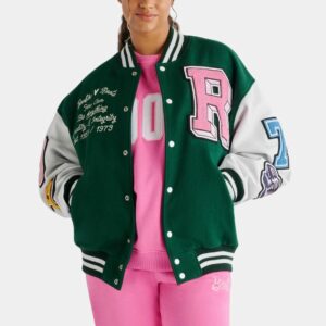 womens-barbie-x-roots-green-and-white-wool-and-leather-varsity-jacket