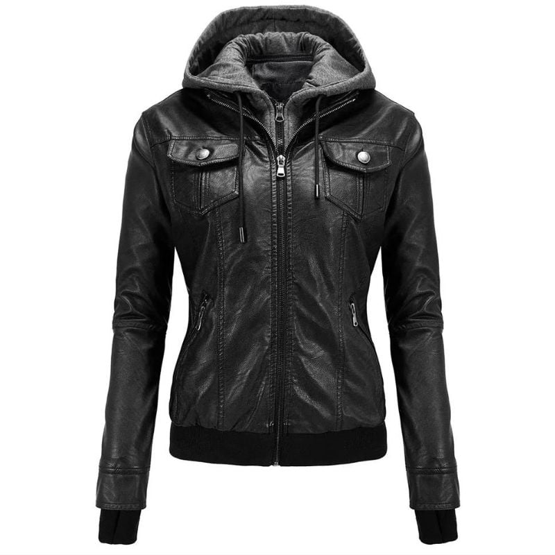 Women's Black Hooded Leather Bomber Jacket - Removable Hood