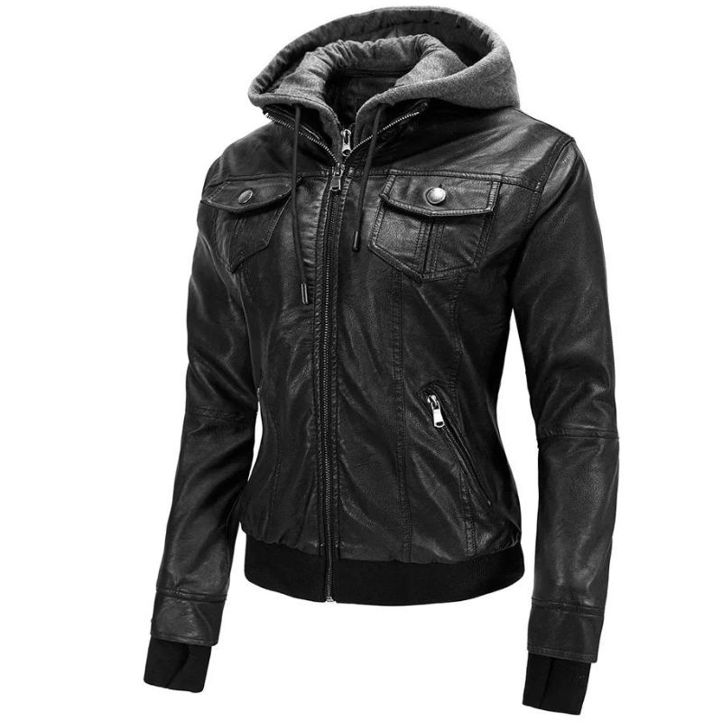 Women's Black Hooded Leather Bomber Jacket - Removable Hood