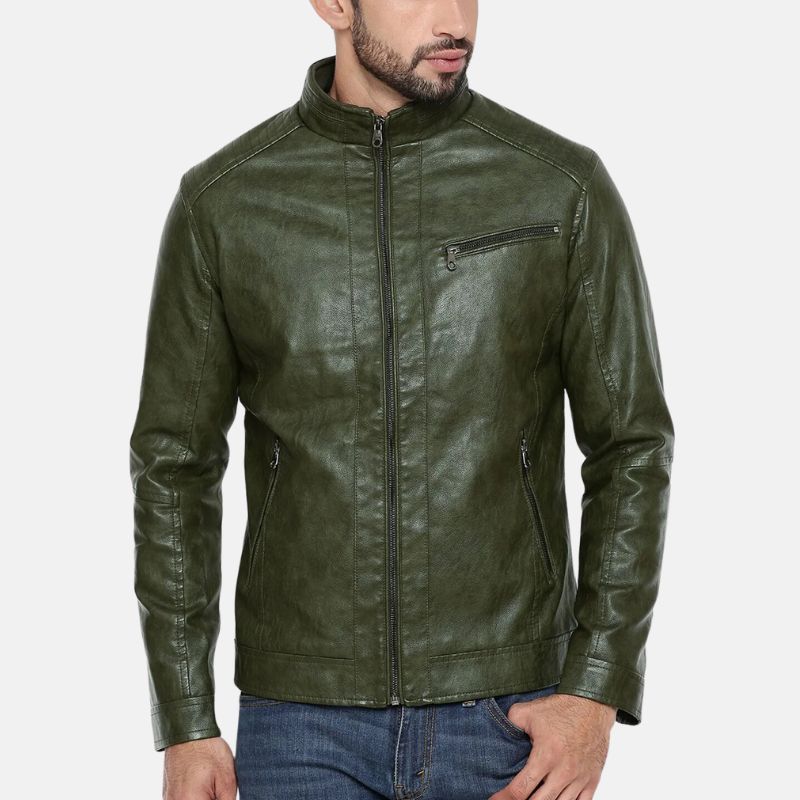 Men's Olive Green Slim Fit Leather Biker Jacket - Trendy Jacket