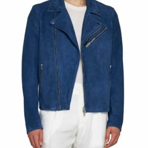 Asymmetrical Blue Suede Leather Jacket Mens