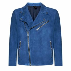 Asymmetrical Blue Suede Leather Jacket Mens