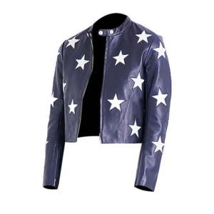Blue Leather Jacket For Women With White Stars
