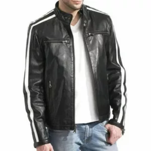 Men's Black Cafe Racer Leather Jacket Featuring White Stripes