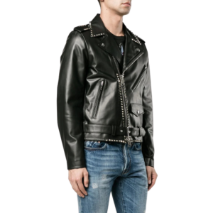 Black Shirt Collar Studded Leather Jacket Mens