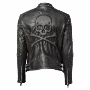 Black Asymmetrical Skeleton Leather Jacket Men's